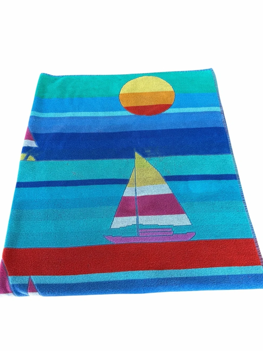 VTG TerriSol Retro Sailboat Oversized Beach Towel Blanket 100% Cotton 54” x 61”